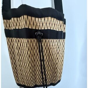 Baskets of Cambodia Woven Drawstring Bucket Crossbody Bag Tan Black Pockets Boho